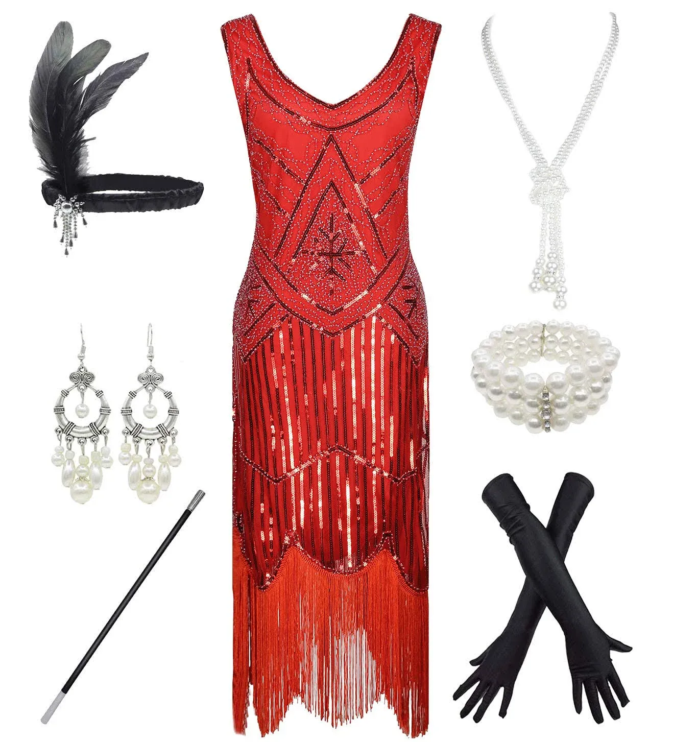 1920s Gatsby Sequin Fringed Paisley Flapper Dress with 20s Accessories Set