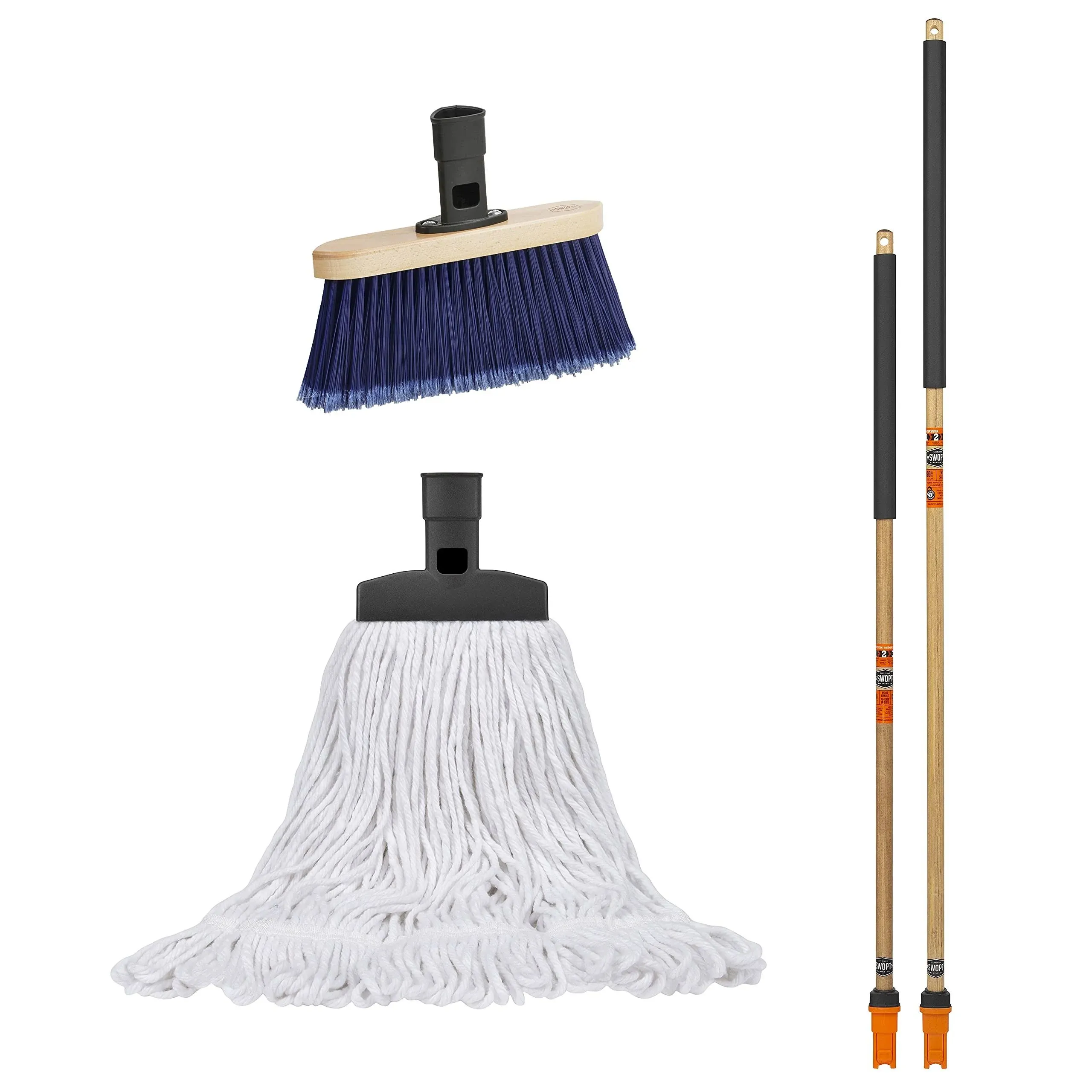 Premium Angle Broom Head and Cotton Mop Head Bundle with 2 Handles