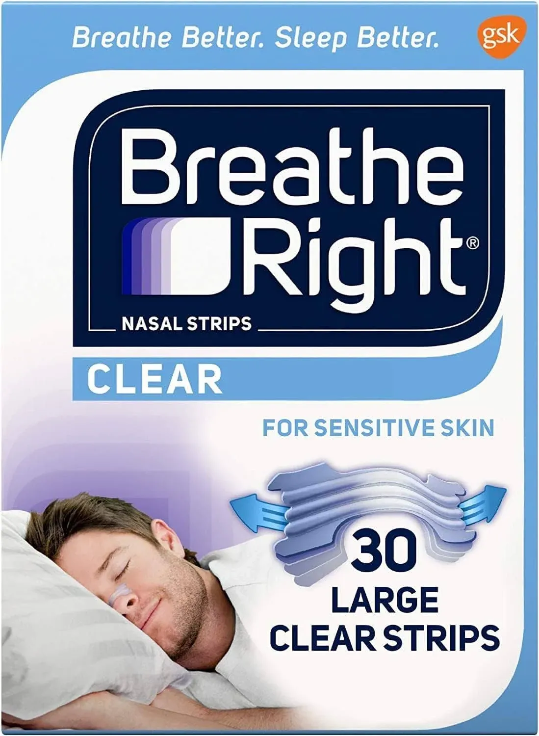 Breathe Right Nasal Strips For Sensitive Skin - 30 Large Clear Strips