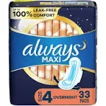 Always Maxi Overnight with Flexi-Wings Pads, Size 4 - 33 count