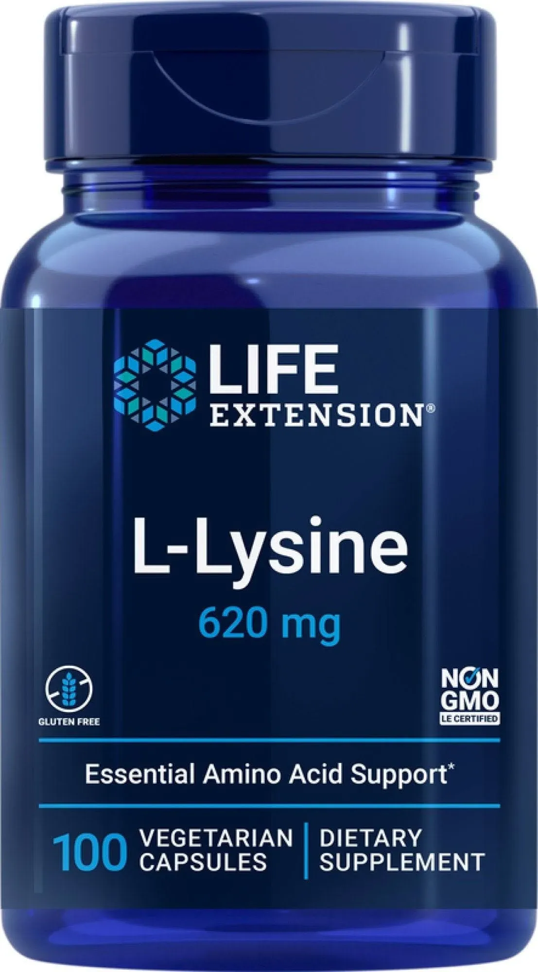 Life Extension L-Lysine, 620 mg, Essential Amino Acid for Healthy nitrogen Balance, Calcium Metabolism, Stress Response & More, Gluten-Free, Non-GMO, Vegetarian, 100 Capsules