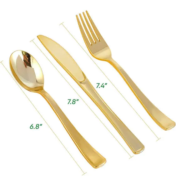 FOCUSLINE 75 Pack Gold Plastic Silverware Disposable Cutlery Set - 25 Forks, 25 Knives, 25 Spoons - Disposable Flatware Heavy Duty Plastic Utensils Set for Catering, Parties, Dinners, Weddings