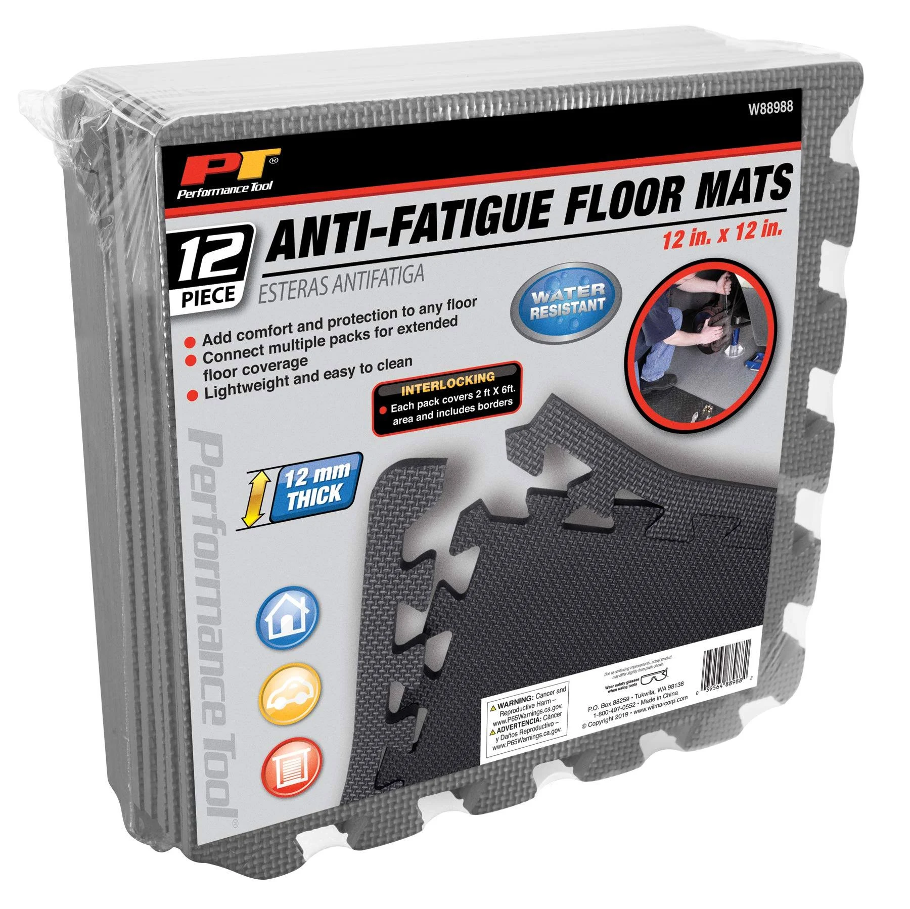 Performance Tool® W88988 - 12-Piece 12&quot; x 12&quot; Anti-Fatigue Mat Set