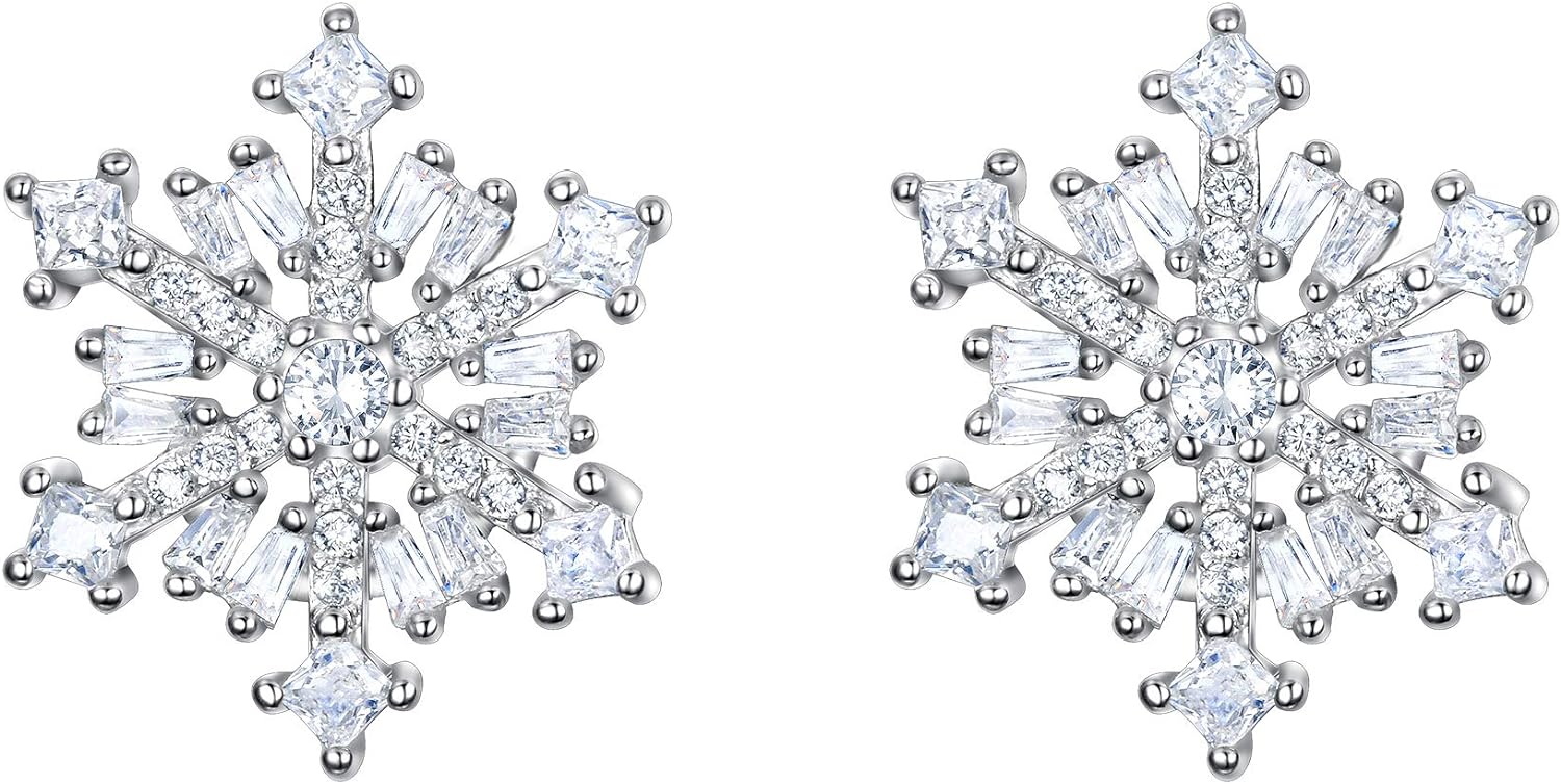 EVER FAITH 925 Sterling Silver Cubic Zirconia Winter Snowflake Flower Elegant Stud Earrings