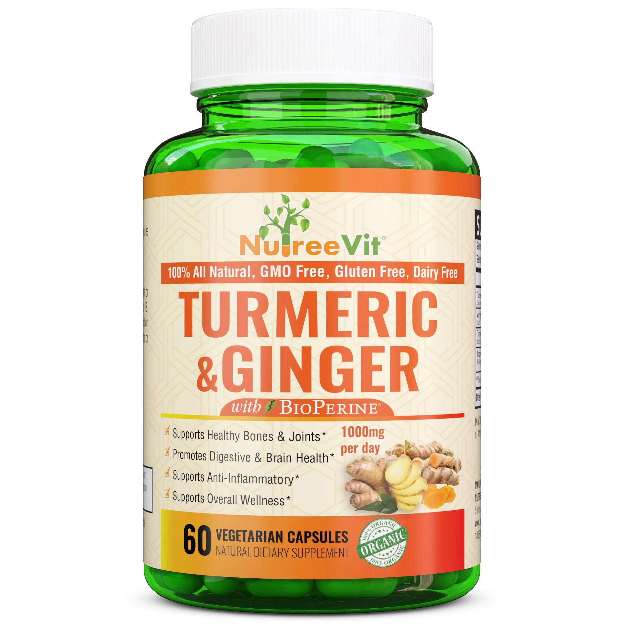 NutreeVit 100% Organic Promotes Digestive &amp; Brain Health - Turmeric &amp; Ginger