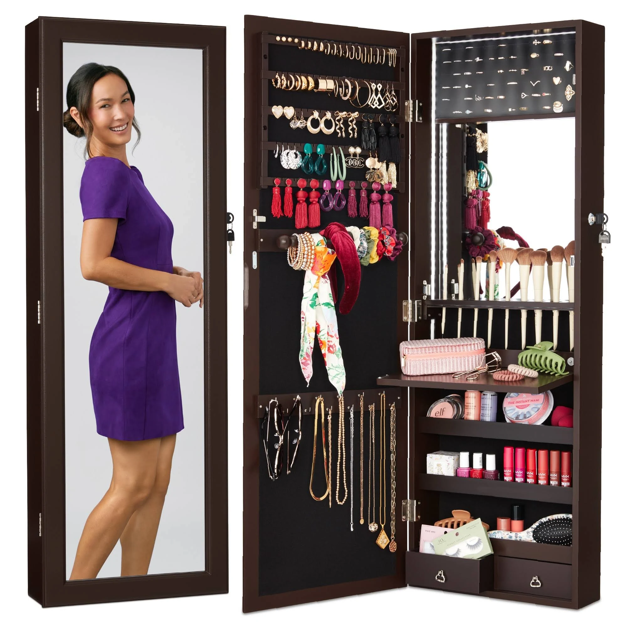 Best Choice Products Hanging Mirror Jewelry Armoire, Door or Wall Mounted Cabinet w/ LED Lights, Lock - Espresso