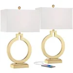 360 Lighting Modern Table Lamps 28 1/2" Tall Set of 2 with USB Charging Port Brushed Gold Open Ring White Rectangular Shade for Bedroom Living Room