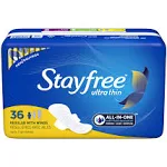 Stayfree Ultra Thin Regular Pads with Wings for Women, Reliable Protection and Absorbency of Feminine Moisture, Leaks and Periods, 36 Count - Pack