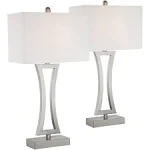 Roxie Modern Table Lamps 31" Tall Set Of 2 Brushed Nickel Silver Metal Off White Fabric Rectangular