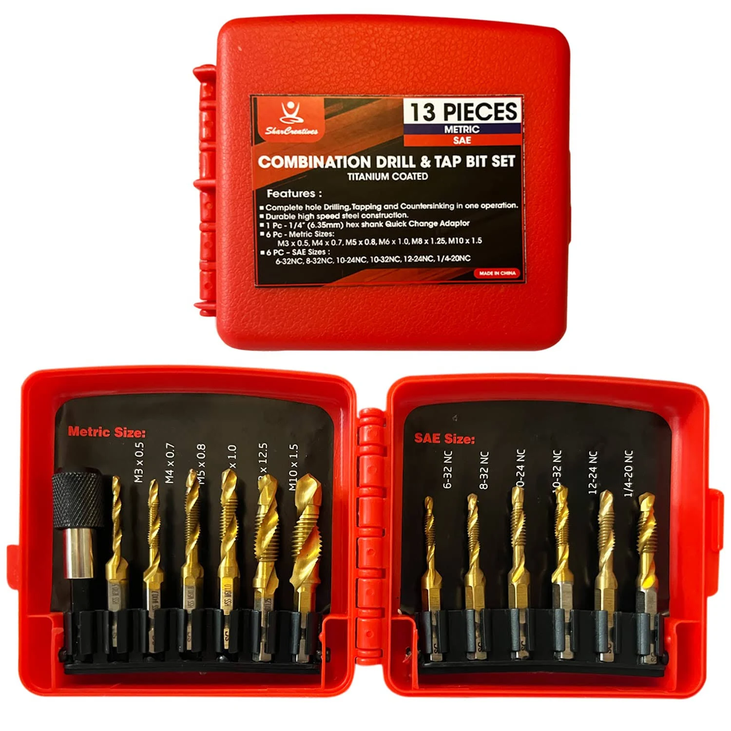 Sharcreatives 13 Pcs SAE and Metric Combination Drill & Tap Bit Set, 3-in-1 ...