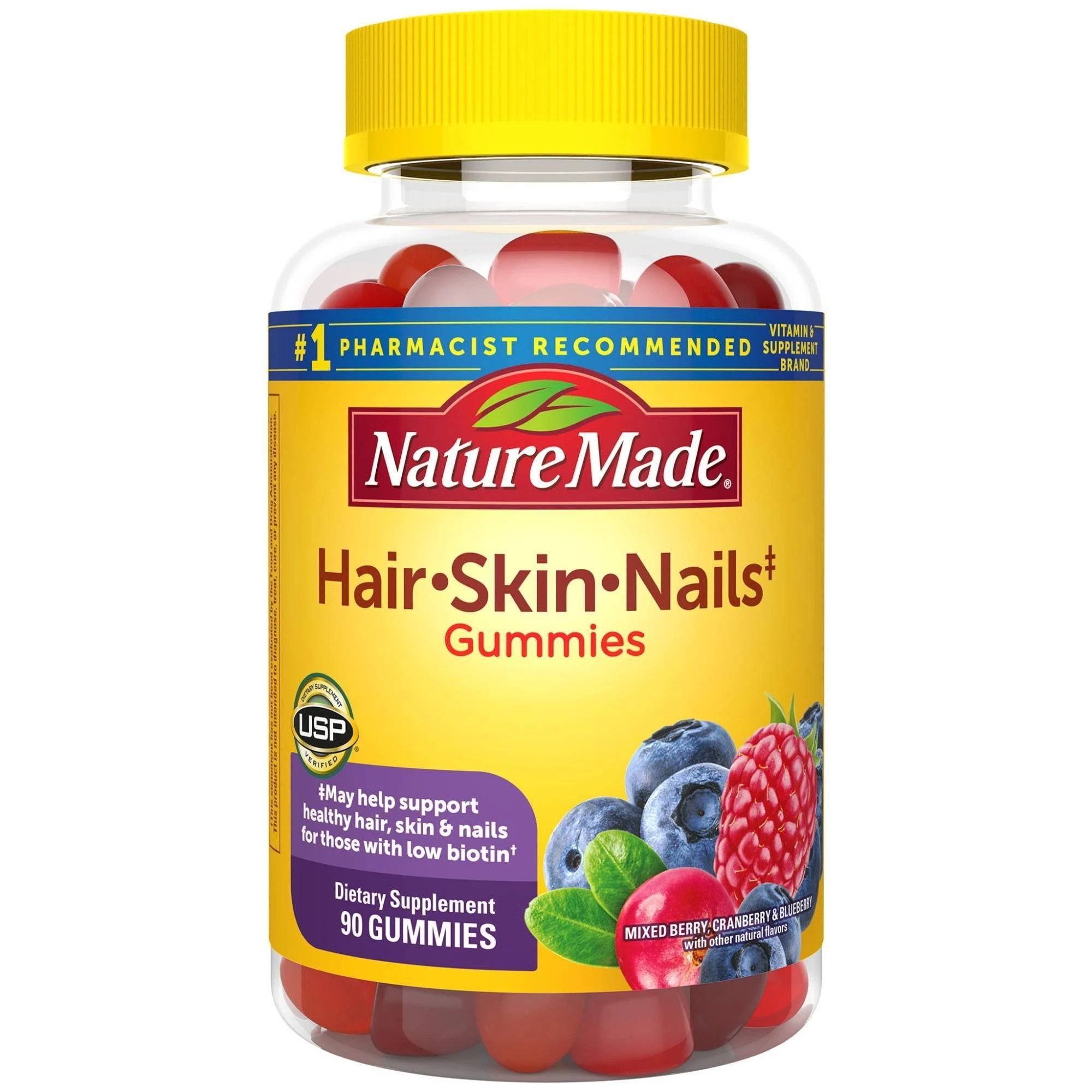 Nature Made Hair-Skin-Nails Adult Gummies Mixed Berry Cranberry & Blueberry 90 Gummies