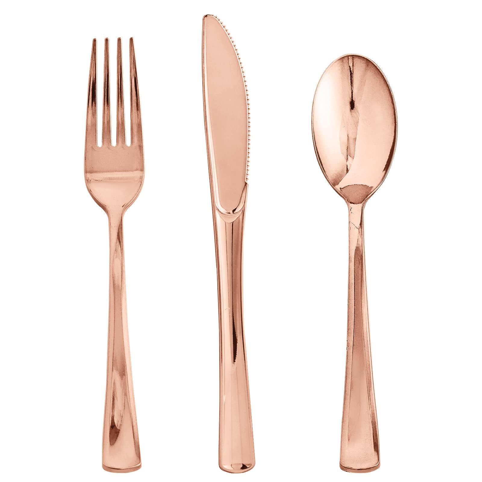 75 Piece Rose Gold Plastic Silverware Set, Re-Usable Recyclable Plastic Cutle...