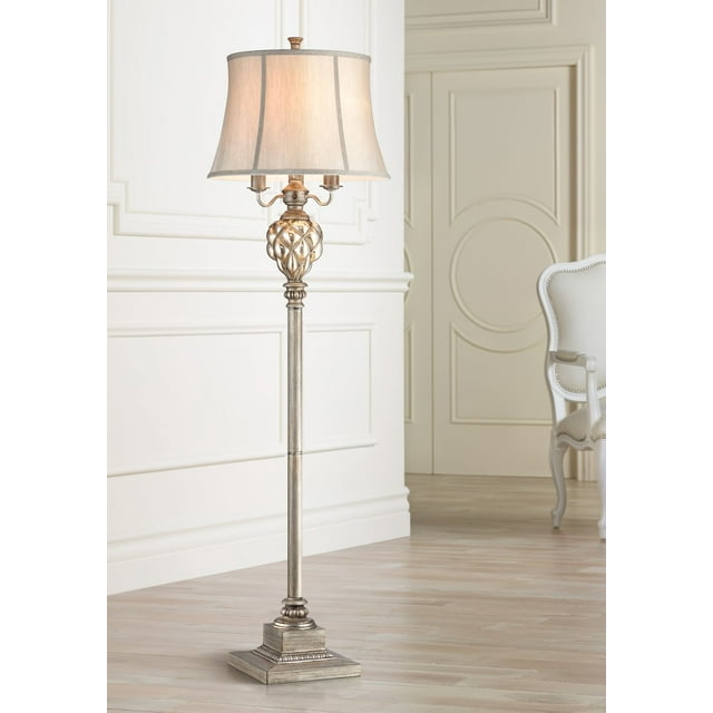 Barnes and Ivy Olde Traditional French Country Floor Lamp with Nightlight LED 63.5" Tall Olde Silver Mercury Glass Faux Silk Fabric Bell Shade for Living Room Reading House Bedroom Home