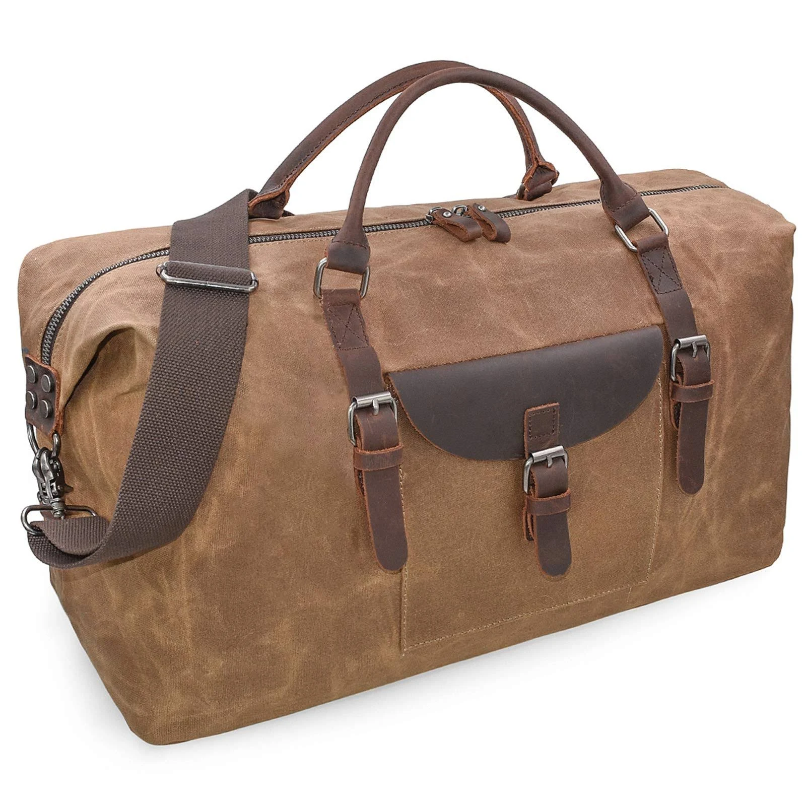 Oversized Travel Duffel Bag Waterproof Canvas Genuine Leather Weekend Bag Brown