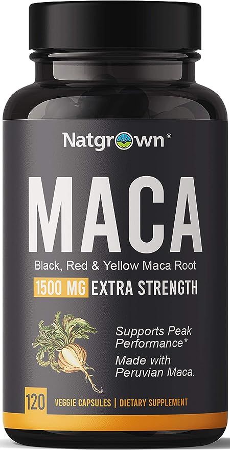 Natgrown Organic Maca Root Powder Capsules 1500 mg with Black + Red + Yellow Peruvian Maca Root Extract Supplement for Men and Women - Vegan Pills