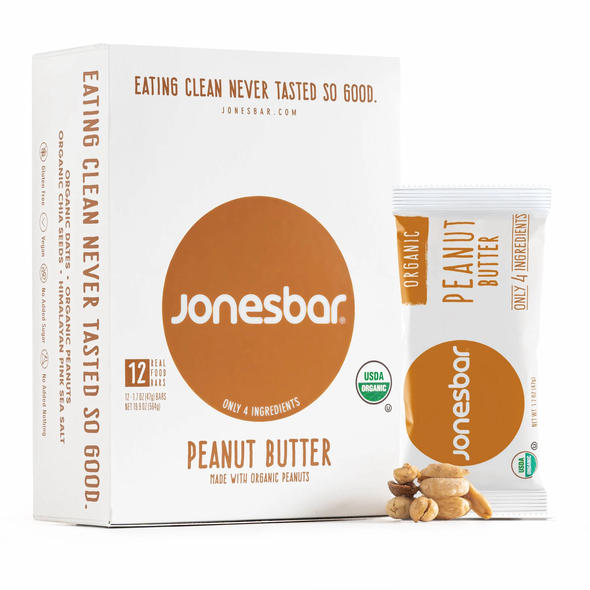 JONESBAR (Peanut Butter, 12 Count (Pack of 1)), USDA Organic Fruit & Nut Bar, Non-GMO, Kosher, Vegan, Gluten Free, Simple Snack Bar