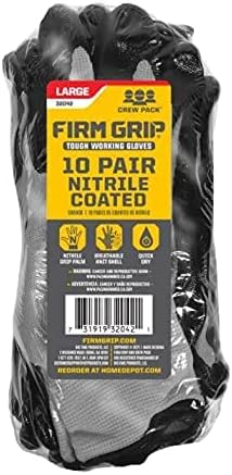 Firm Grip Nitrile Coated Tough Working Gloves: Black, Large Size (10 Pairs)