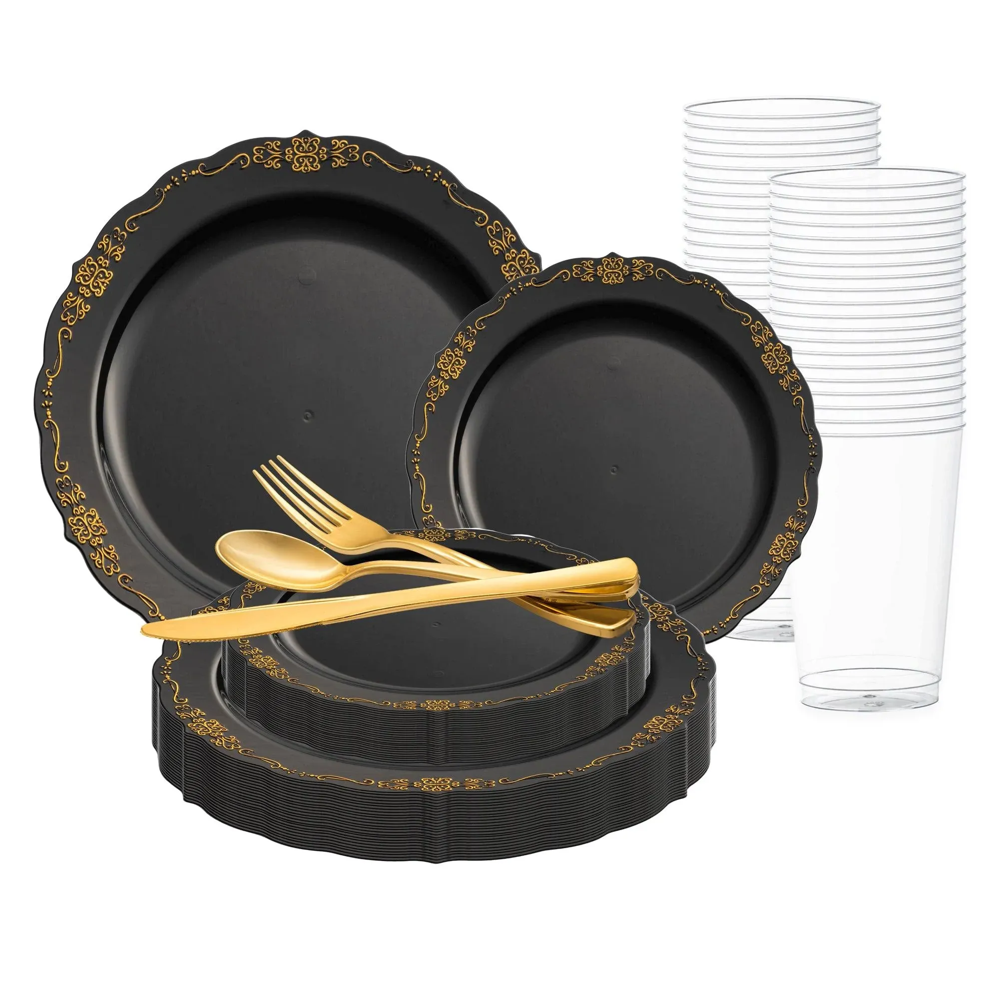 Black with Gold Vintage Rim Round Disposable Plastic Wedding Value Set