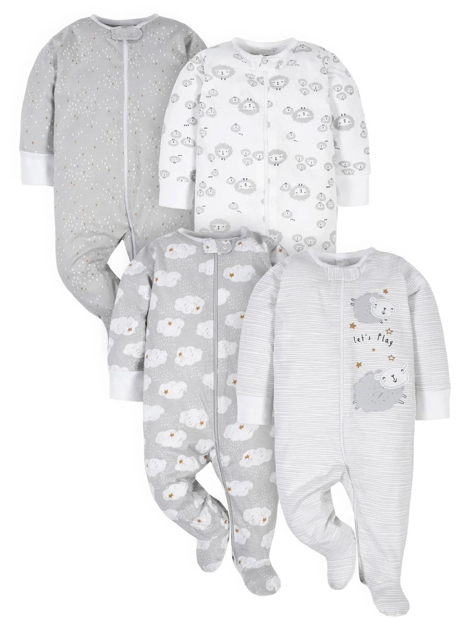 Gerber Unisex Baby 4 Pack Sleep N Play Footie Sheep Grey 0-3 Months