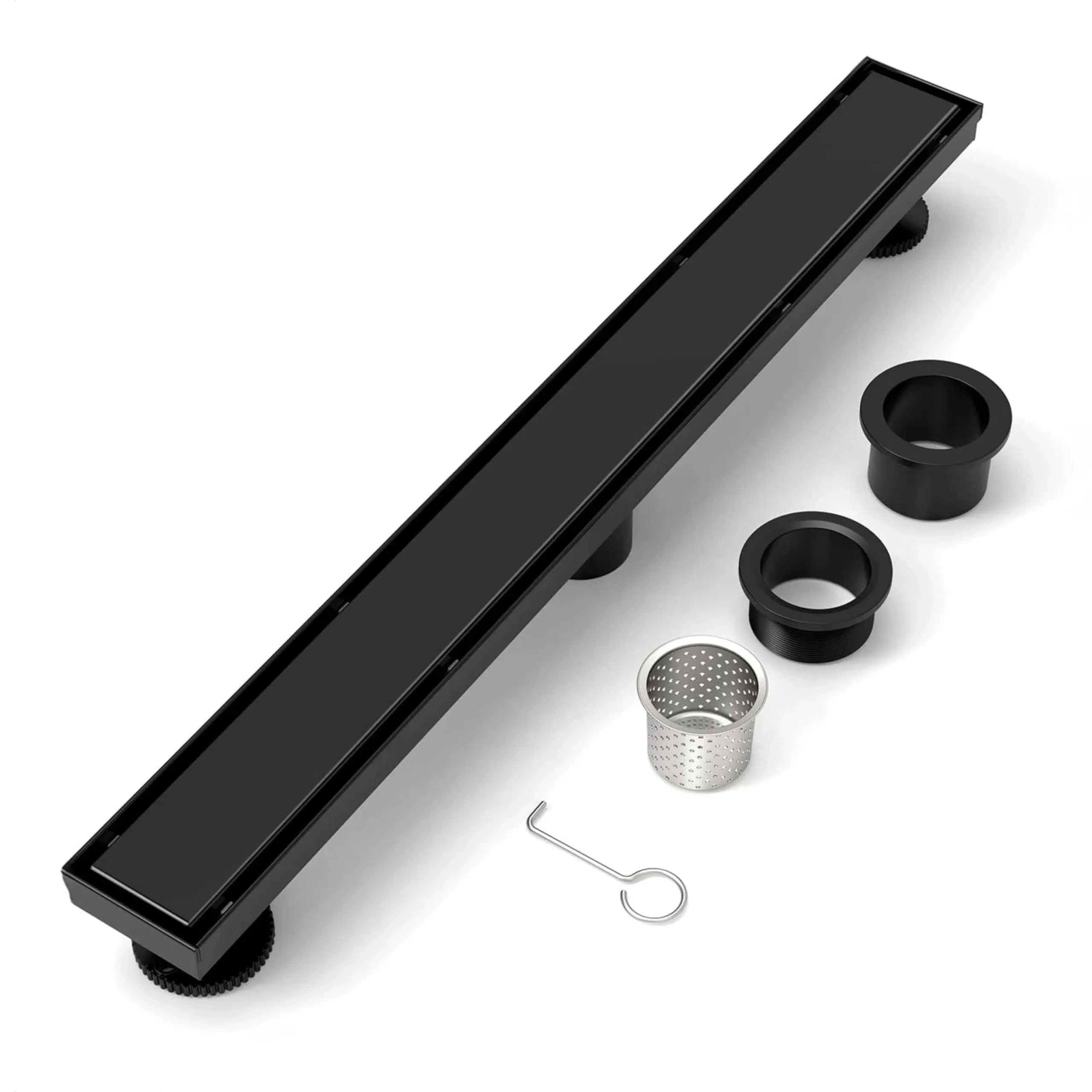 A Matte Black Colored Long Channel Stainless Steel Floor Drain with Removable Square Hole Panel Equipped with Leveling Feet and Hair Strainer