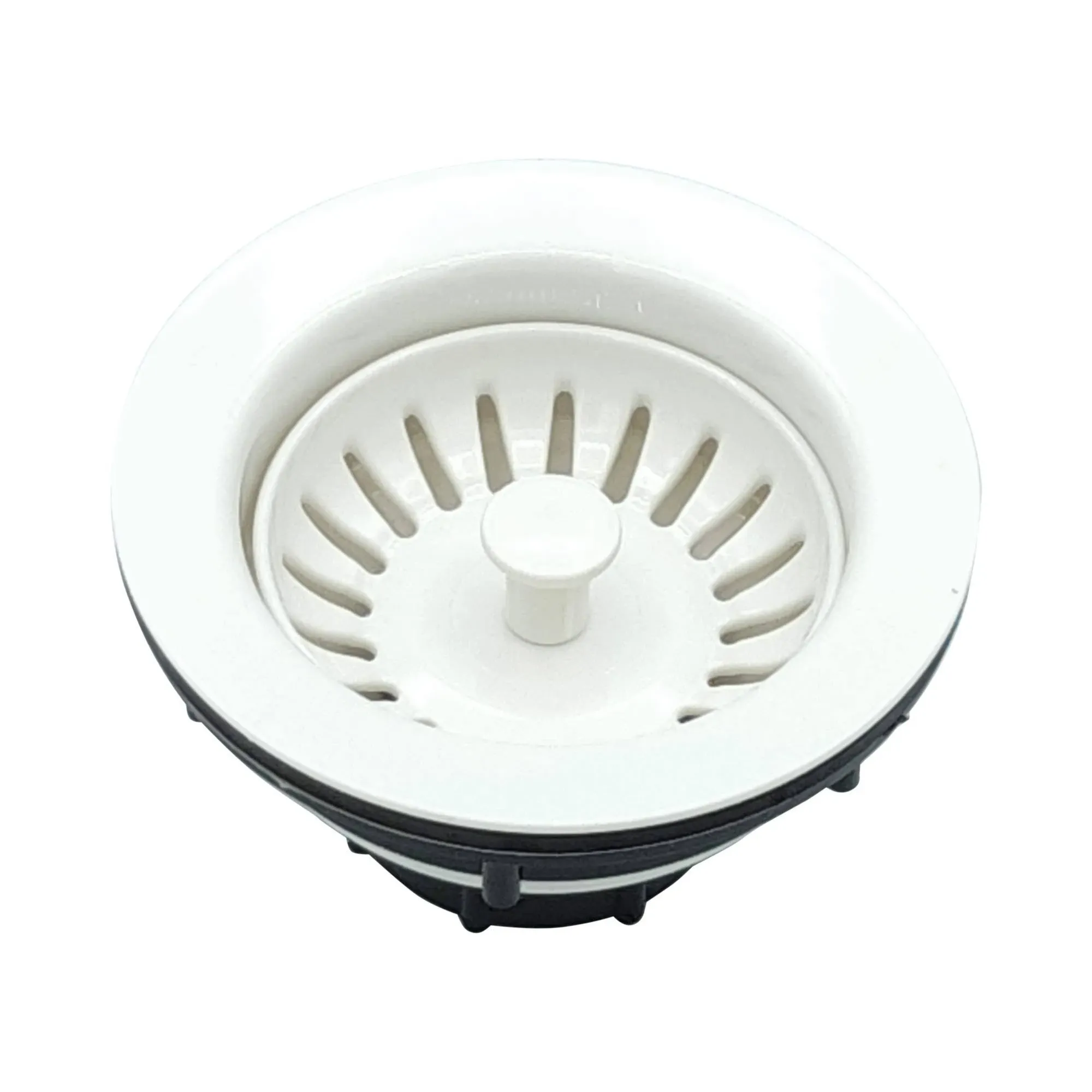 Basket Strainer 4 Inch ABS Plastic Kitchen Sink Drain with Removable Strainer Assembly and Rubber Stopper, Universal Fit,3-1/2, White