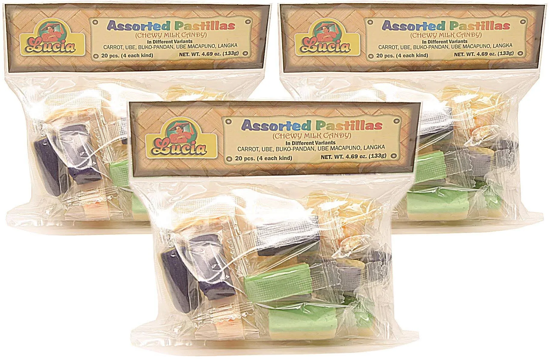 Lucia, Assorted Pastillas - Chewy Milk Candy Including Carrot, Ube, Buko-Pandan, Ube Macapuno, Langka Pack of 3, Imported from The Philippines, 4.75