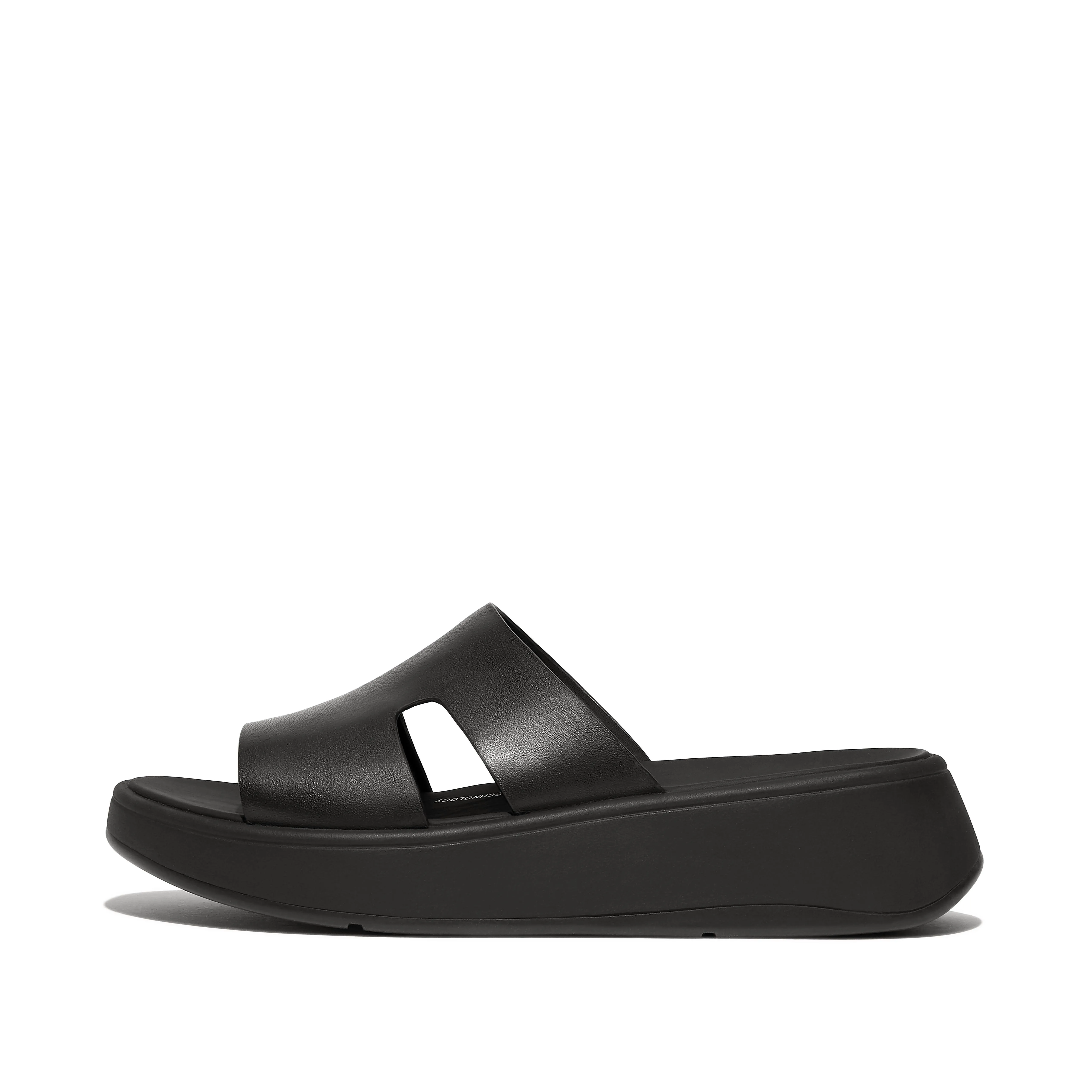 Fitflop F-Mode Raw-Edge Leather Flatform H-Bar Slides Women's Sandals Black : 5 M (B)