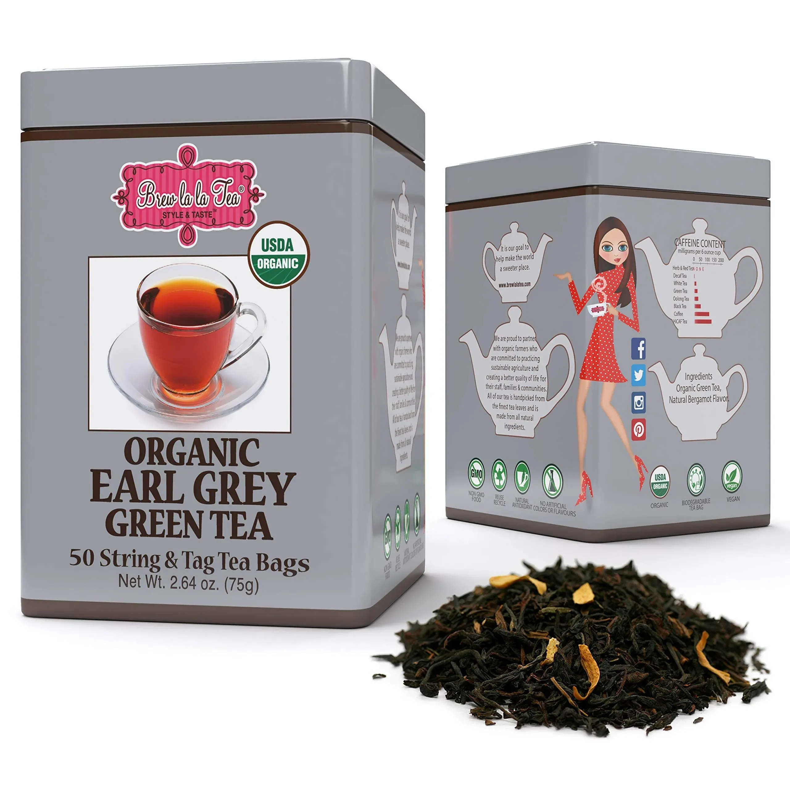 Brew La La Organic Earl Grey Green Tea - 50 Tea Bag Tin - Low Caffeine Gourmet Tea - USDA Certified Organic