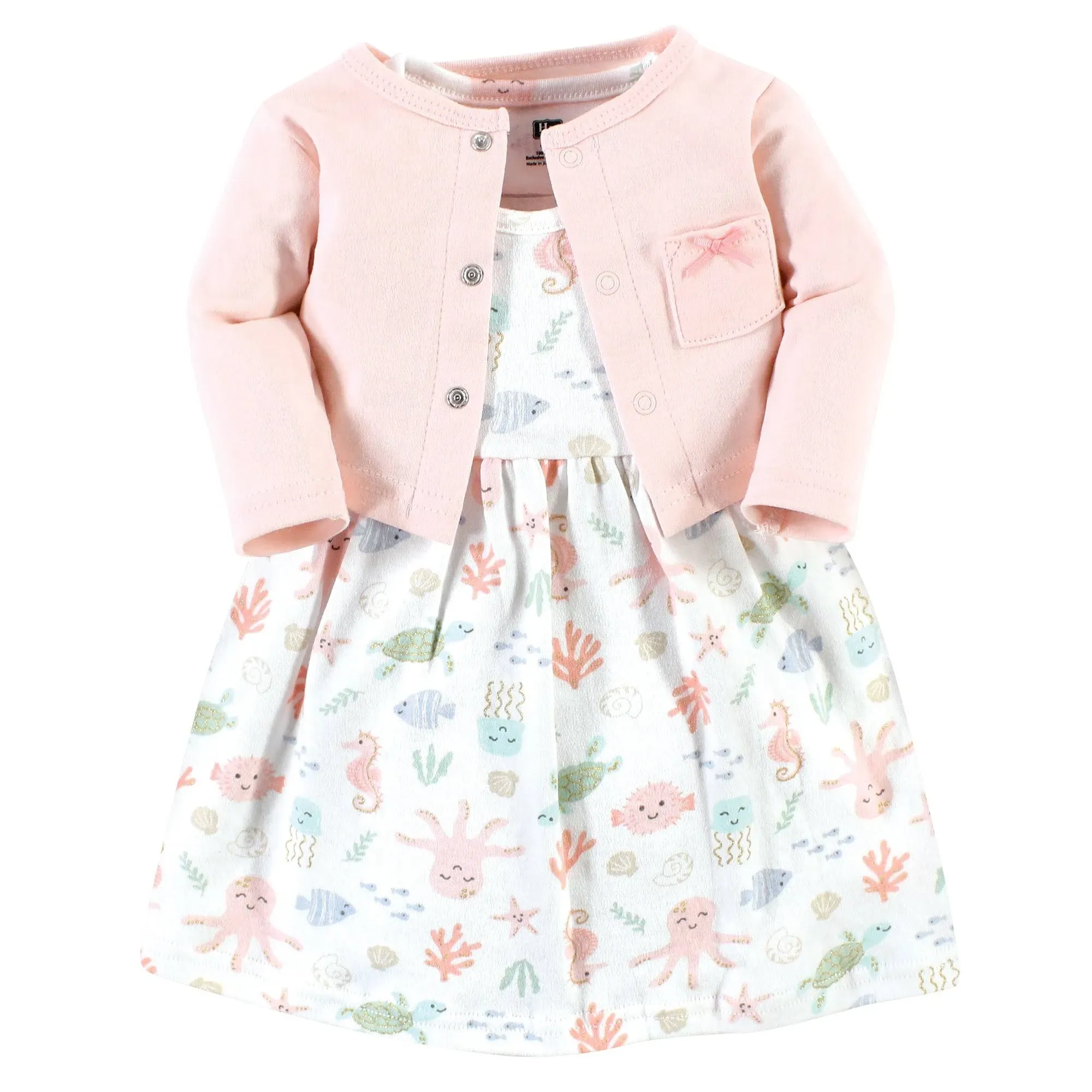 Hudson Baby Infant Girl Cotton Dress and Cardigan Set, Pastel Sea