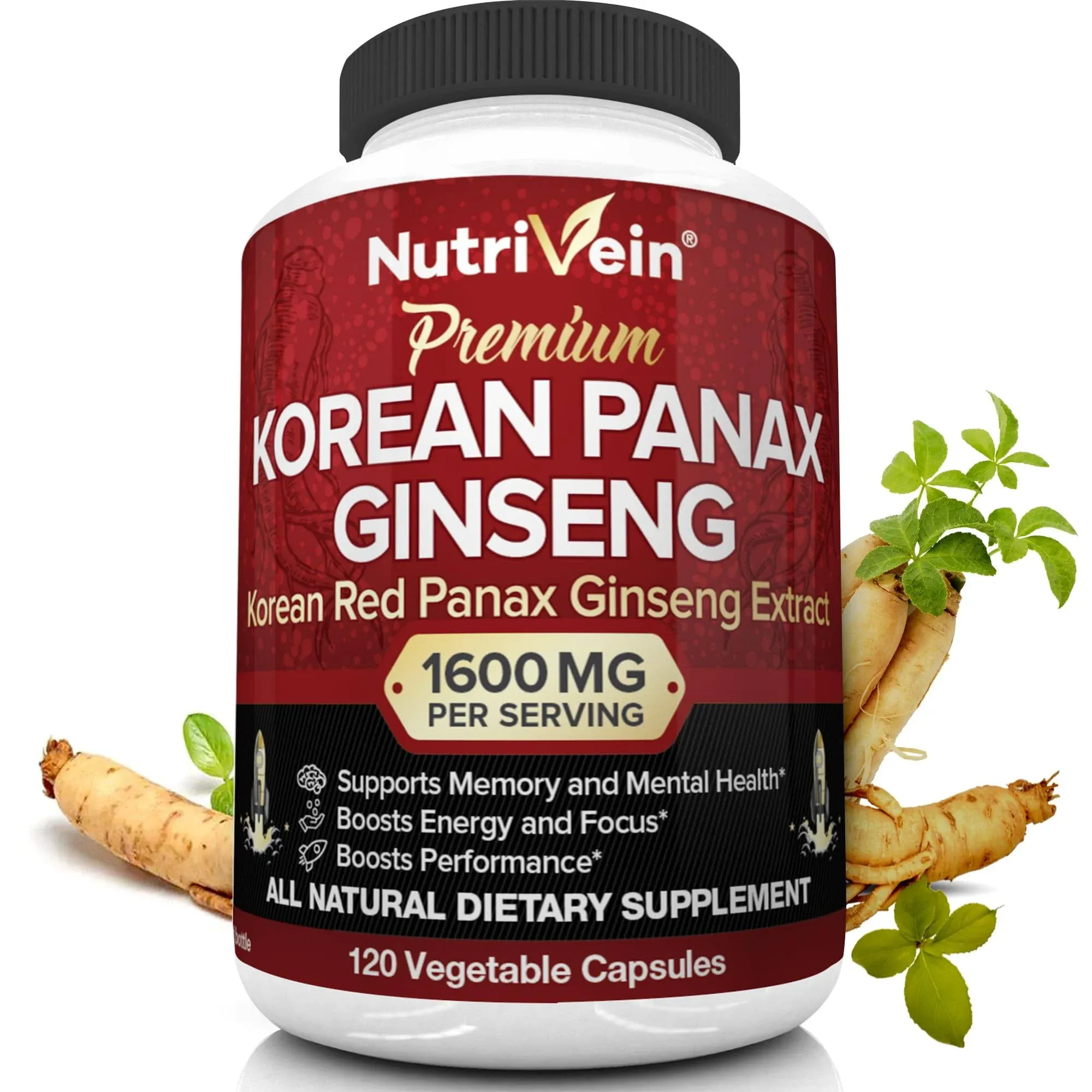 Nutrivein Korean Red Panax Ginseng 1600mg - 120 Caps - High Strength Ginsenoside