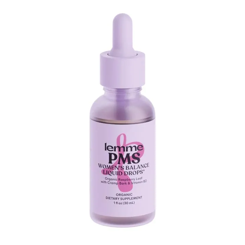 Lemme PMS Hormone Balance for Women Liquid Drops, PMS & Mild Period Cramping Relief, 10-in-1 Herbal Blend with Raspberry Leaf, Dong Quai, Cramp Bark, Reishi & B2, Organic, Sugar-Free, 1 fl oz