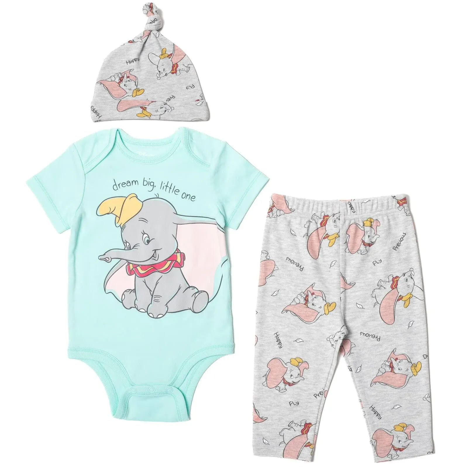 Disney Classics Dumbo Newborn Baby Boys Bodysuit Pants and Hat 3 Piece Outfit Set Blue / Gray 0-3 Months