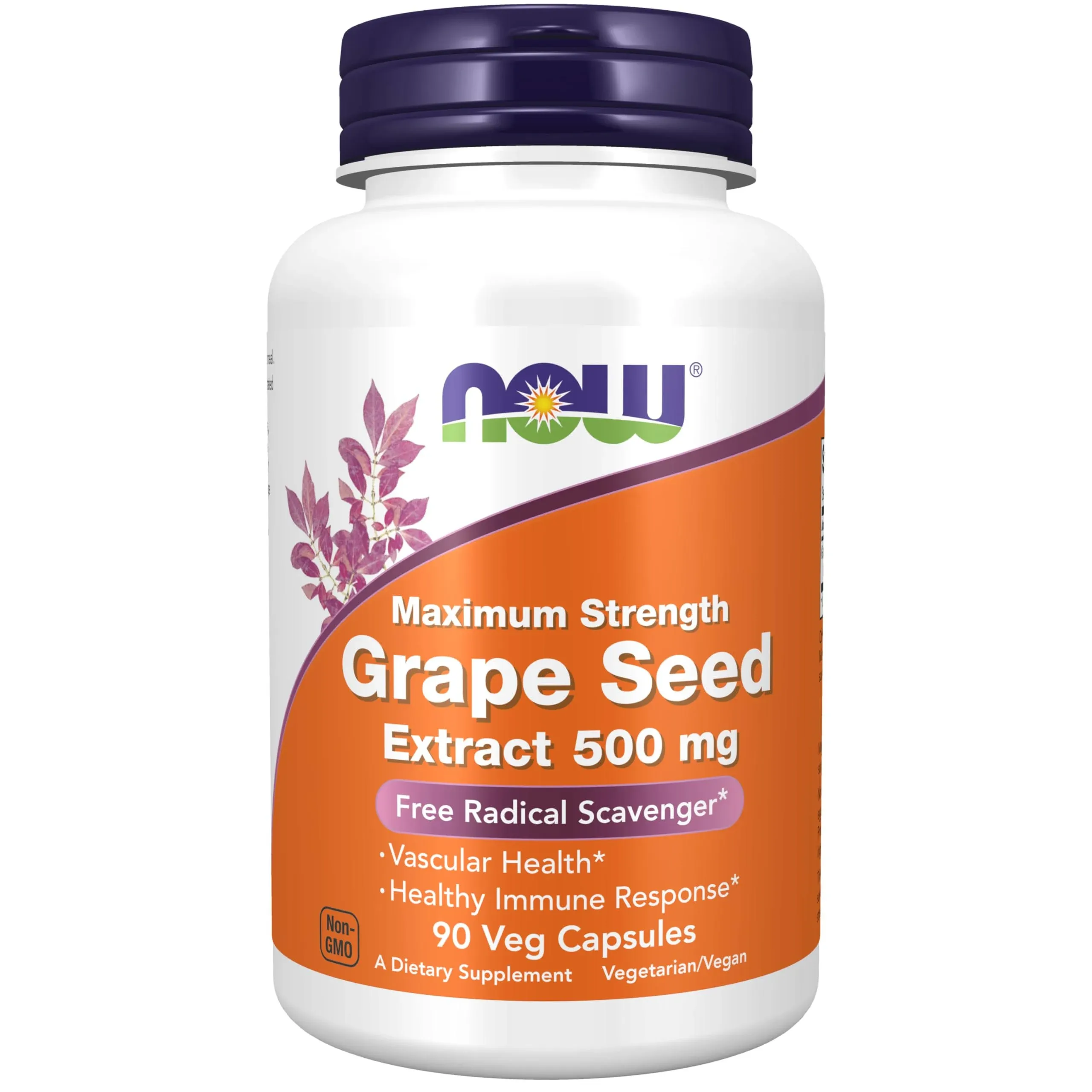 NOW Supplements, Grape Seed Extract, Maximum Strength 500 mg (a Highly Concentrated Extract with a Minimum of 90% Polyphenols), 90 Veg Capsules, Red/Brown, 0.25 pounds