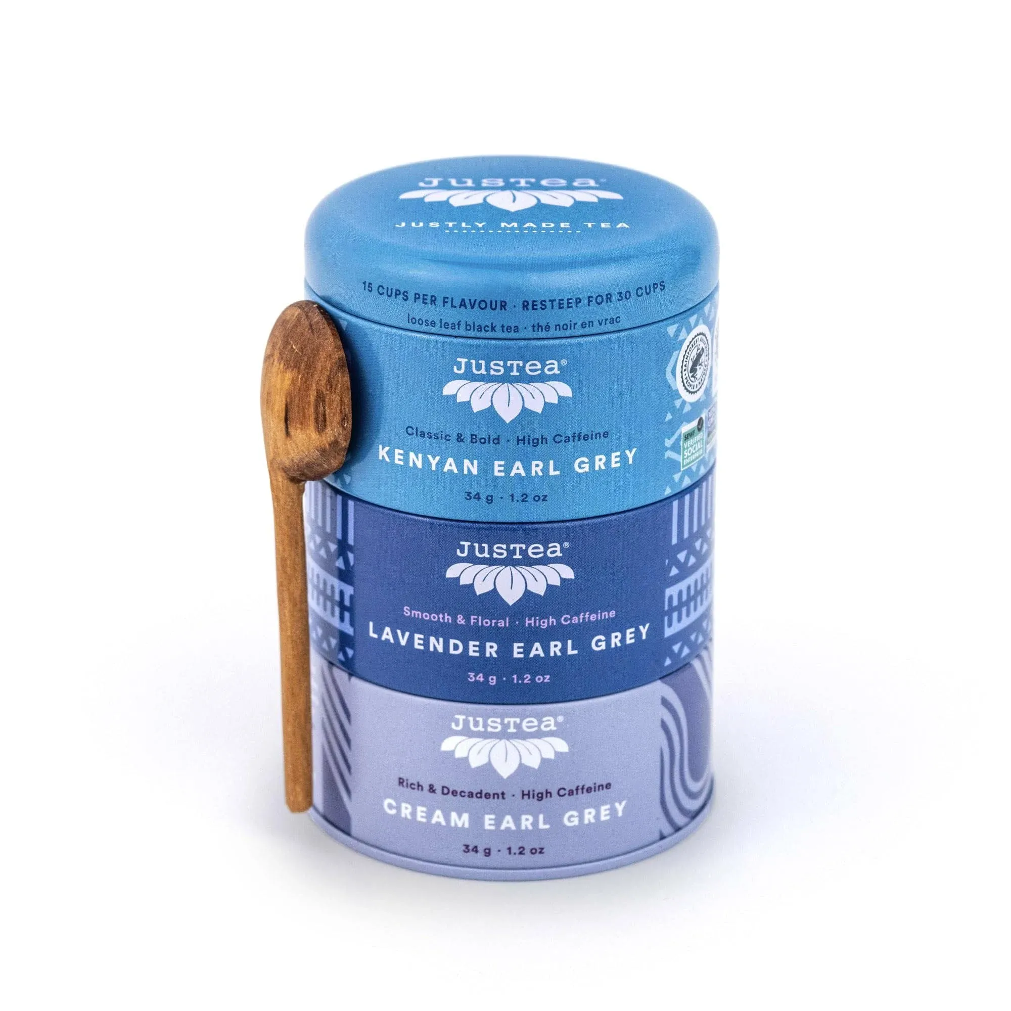 JusTea Earl Grey Tea Trio | Stacking Tins Variety Pack with Hand Carved Tea Spoon ...