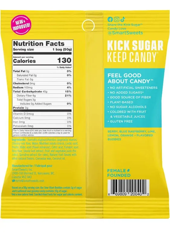 SmartSweets Sour Blast Buddies, Low Sugar Gummy Candy (3g), Low Calorie (130), Gluten-Free -1.8oz (Pack of 12) Packaging may vary