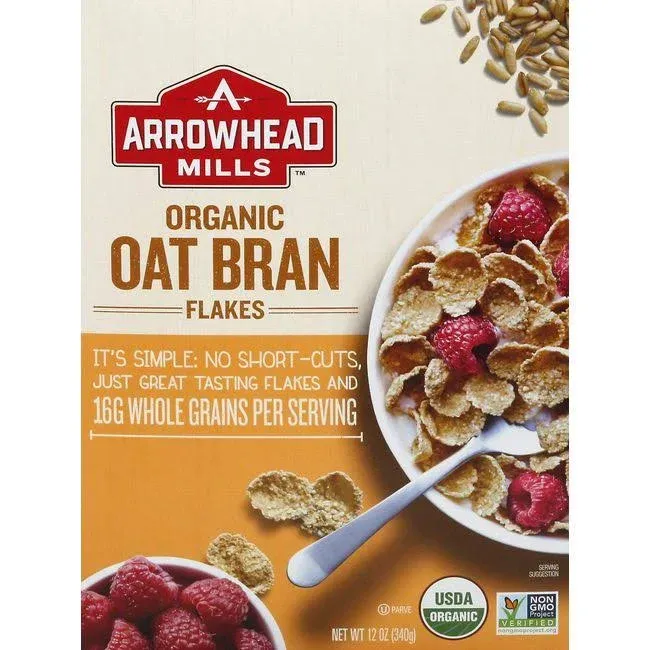 Arrowhead Mills Organic Cereal Box, Oat Bran Flakes, 12 oz