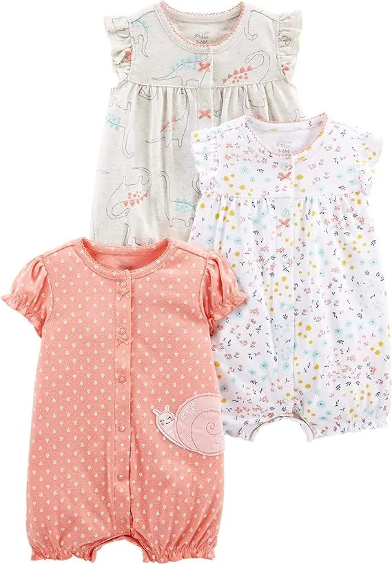 Simple Joys by Carter's Girls' 3-Pack Snap-Up Rompers, dino/floral/Snail, 0-3 Months