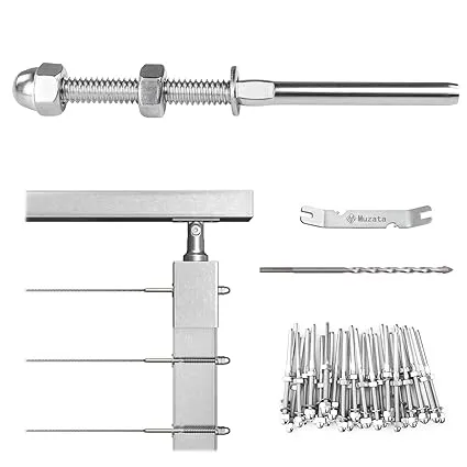 Muzata 60Pack 1/8" Cable Railing Kit Hand Swage Threaded Stud Tensioner 2x2 Metal Post with Cable Cutter Deck Stair Cable Railing Hardware CR23