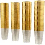 12oz Hard Plastic Party Cups – Perfect for Home, Office, Bars, Weddings, Showers, Birthdays, Anniversaries, and Parties! Durable & Stylish Old Fashioned Tumblers (Gold Glitter with gold rim, 100 Pack)