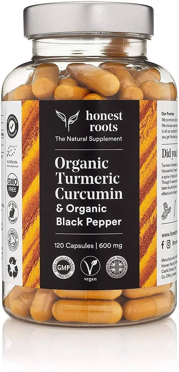 Honest Roots Organic Turmeric Curcumin Supplement with BioPerine for Maximum Absorption & Black Pepper- 600mg - 120 Capsules for Joint Support, Vegan Supplement- Non-GMO, Plant Based