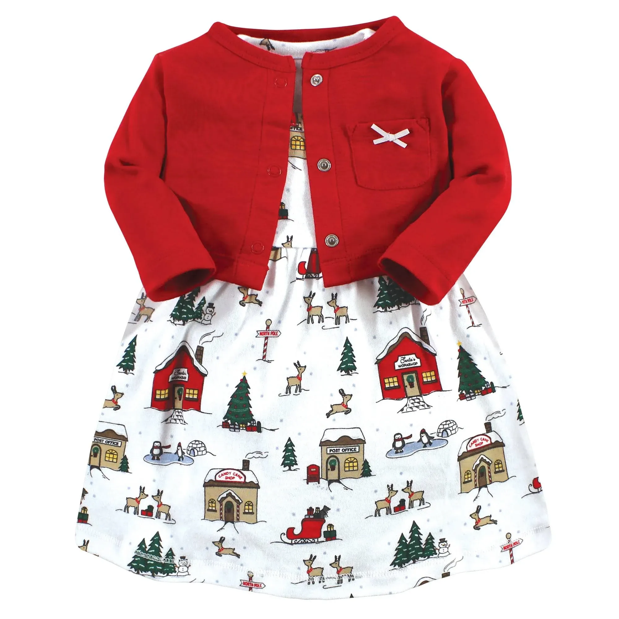 Hudson Baby Infant and Toddler Girl Cotton Dress and Cardigan Set, North Pole