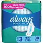 Always Ultra Thin Feminine Pads w/ Flexi-Wings Size 3 Extra Long Super 38Ct Pack