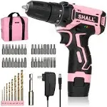 Shall 43-Piece Pink Cordless Drill Set, 12V Electric Drill, 3/8 inch Keyless Chuck, 2Ah Li-Ion Battery, 8 HSS Drill Bits & 32 Screwdriver Bits