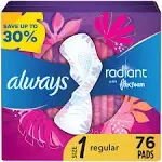 Always Radiant Pads, with Flex Foam, Regular, Size 1, Light/Clean Scent - 76 pads