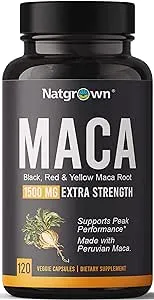 Natgrown Organic Maca Root Powder Capsules 1500 mg with Black + Red + Yellow Peruvian Maca Root Extract Supplement for Men and Women - Vegan Pills