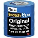 ScotchBlue Original Multi-Surface Painter's Tape, 0.94 Inches x 60 Yards, 4 Rolls, Blue, Paint Tape Protects Surfaces and Removes Easily,