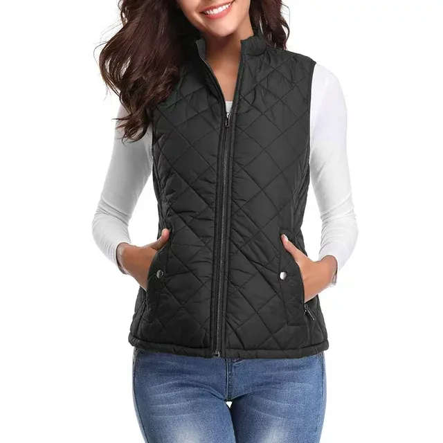 Sinrella Women Quilted Vest, Stand Collar Lightweight Zip Padded Gilet Outerwear Coats Camel M