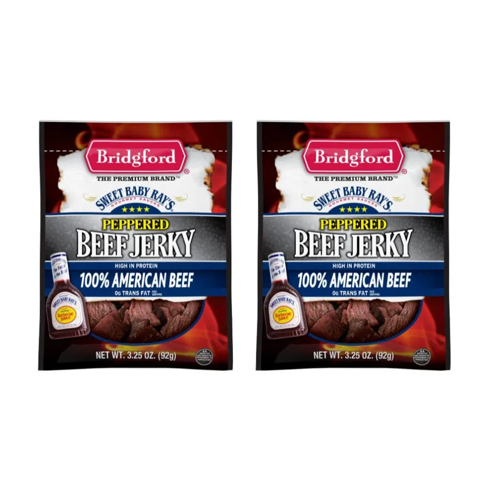 Bridgford Sweet Baby Ray's Beef Jerky, Peppered Flavor, Low Fat, High Protein, Premium Jerky Snack, 3.25 oz (Pack of 2)