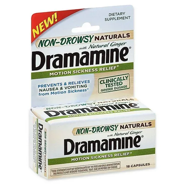 Dramamine Motion Sickness Relief Non-Drowsy Naturals with Natural Ginger, Capsules - 18 count