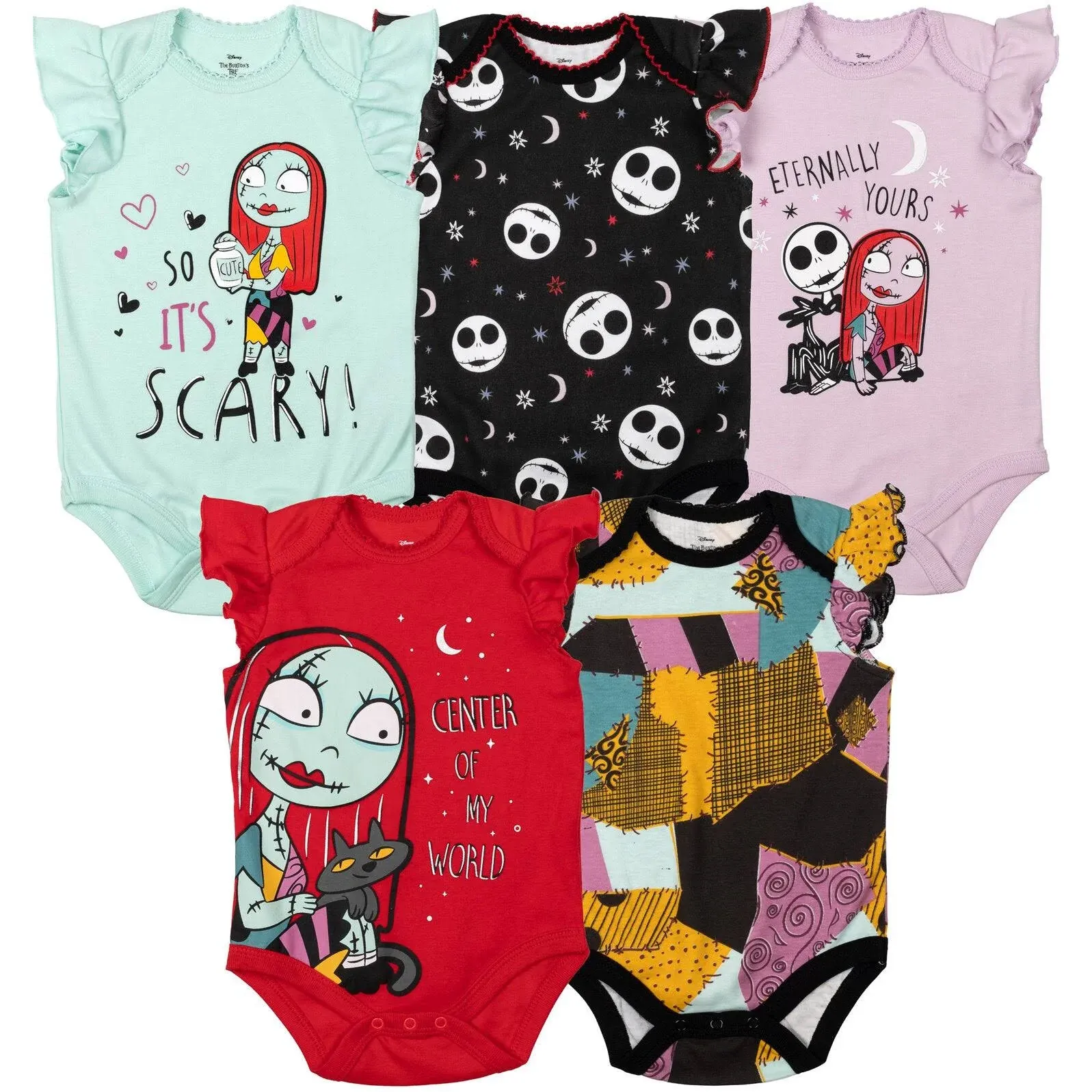 Disney Nightmare Before Christmas Jack Skellington Sally Baby Girls 5 Pack Bodysuits Multicolor 3-6 Months, Infant Girl's